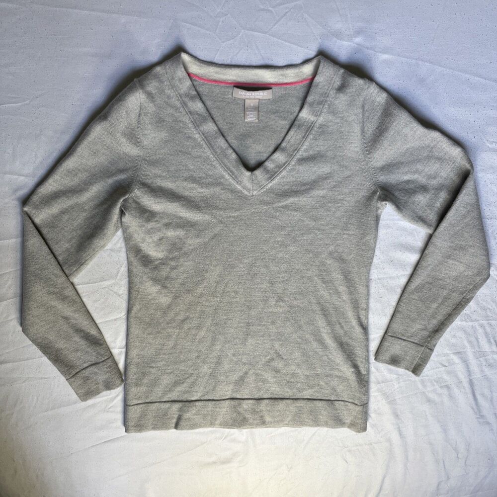 Banana Republic Extra Fine Merino Wool V-Neck Sweater Gray Womens Small S